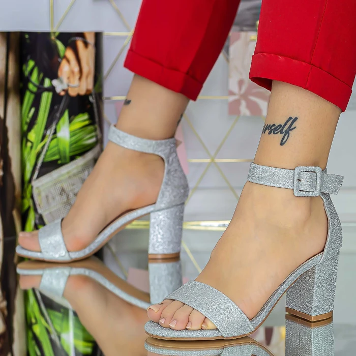 Sandale Dama cu Toc Gros XKK230D Argintiu Mei