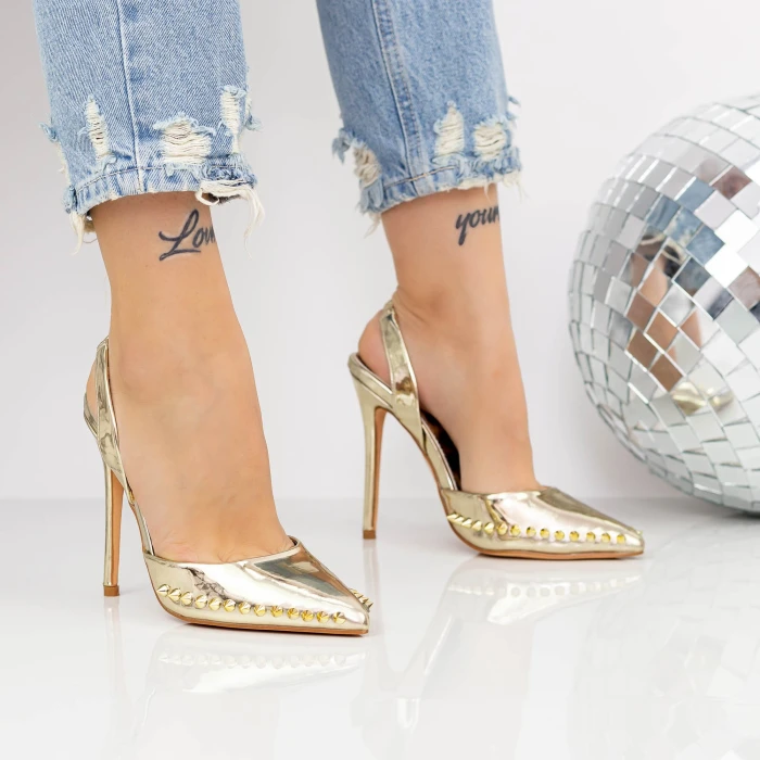 Pantofi cu Toc subtire 2KV79 Auriu » MeiMei.Ro