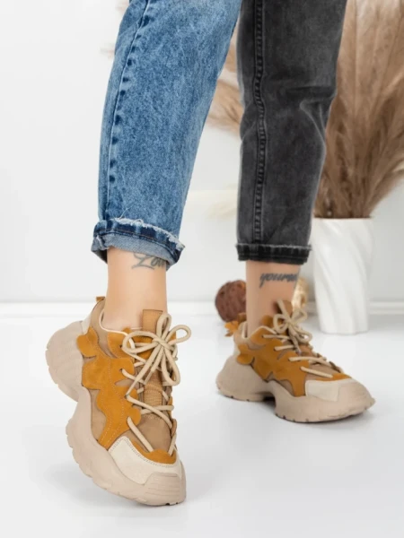 Pantofi Sport Dama din piele naturala 7110 YELLOW-CREAM | FRANCO GERARDO