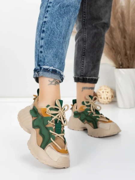 Pantofi Sport Dama din piele naturala 7110 GREEN-CREAM | FRANCO GERARDO