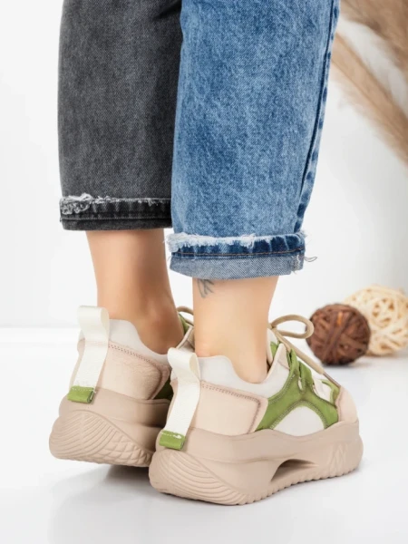 Pantofi Sport Dama din piele naturala 2577 CREAM-LIGHT GREEN | FRANCO GERARDO