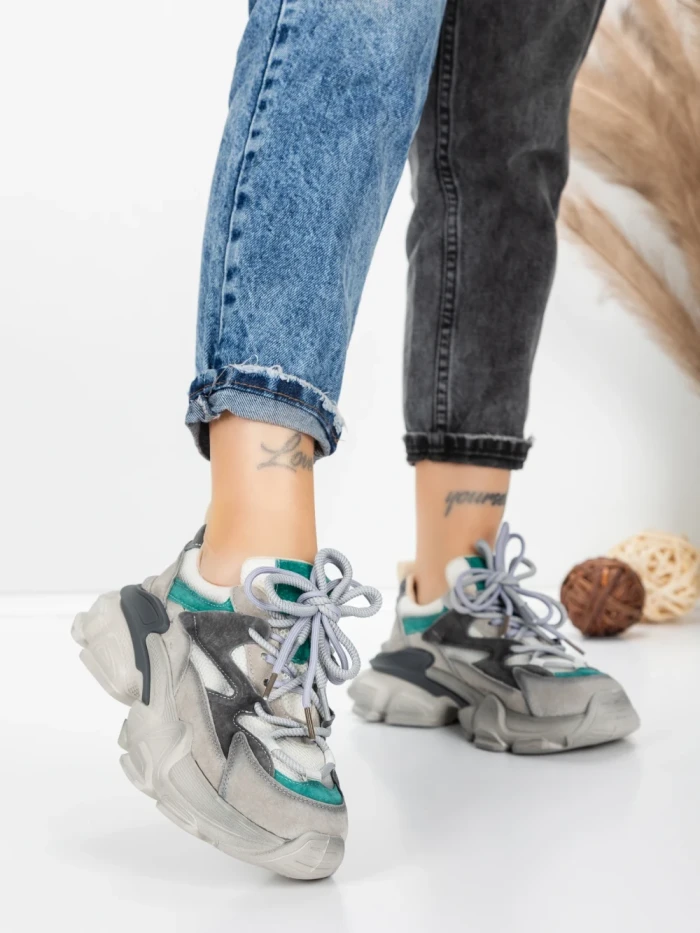 Pantofi Sport Dama din piele naturala HY5798 GREY-LIGHT GREEN | FRANCO GERARDO