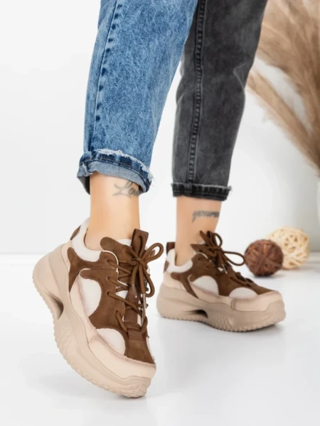 Pantofi Sport Dama din piele naturala 2576 CREAM-COFFEE | ADVANCER