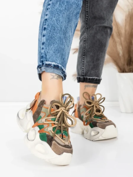Pantofi Sport Dama din piele naturala HY8988-1 BROWN-GREEN | FRANCO GERARDO