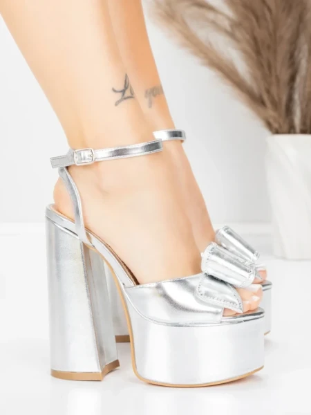Sandale Dama cu Toc Gros si Platforma 3KV52 Argintiu | Mei » MeiMei.Ro