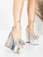 Sandale Dama cu Toc Gros si Platforma 3KV52 Argintiu | Mei » MeiMei.Ro