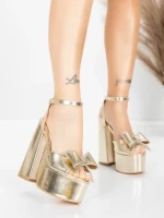 Sandale Dama cu Toc Gros si Platforma 3KV52 Auriu | Mei » MeiMei.Ro