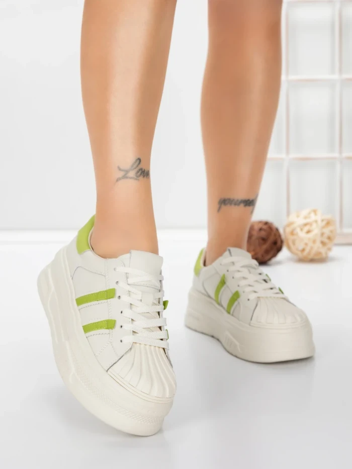 Pantofi Sport Dama din piele naturala P58023 WHITE-GREEN | BERLINER