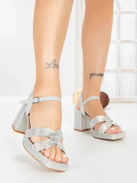 Sandale Dama cu Toc Gros F20-85 SILVER | FESTISIMO