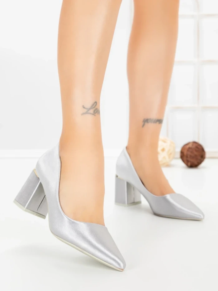 Pantofi cu Toc Gros G60-11 SILVER | FESTISIMO