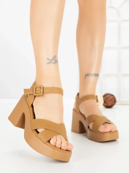 Sandale Dama cu Toc Gros si Platforma A68350 CAMEL | ANDERINA