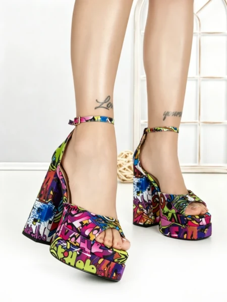 Sandale Dama cu Toc Gros si Platforma 9288-2 RED-YELLOW | CHERIE