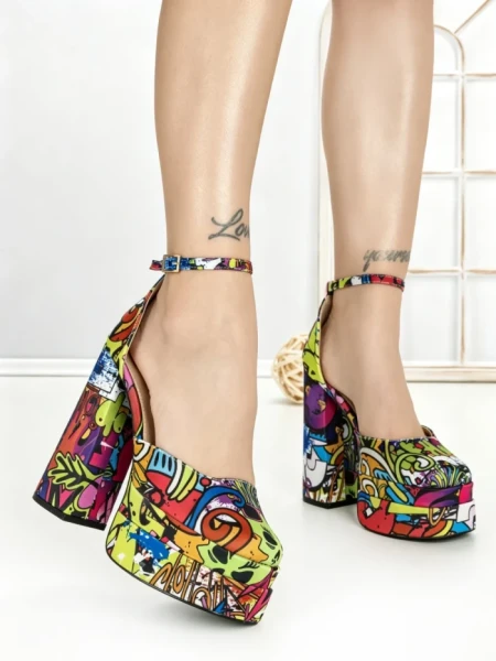 Pantofi cu Toc Gros si Platforma 9288-1 RED-YELLOW | CHERIE