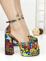 Pantofi cu Toc Gros si Platforma 9288-1 RED-YELLOW | CHERIE