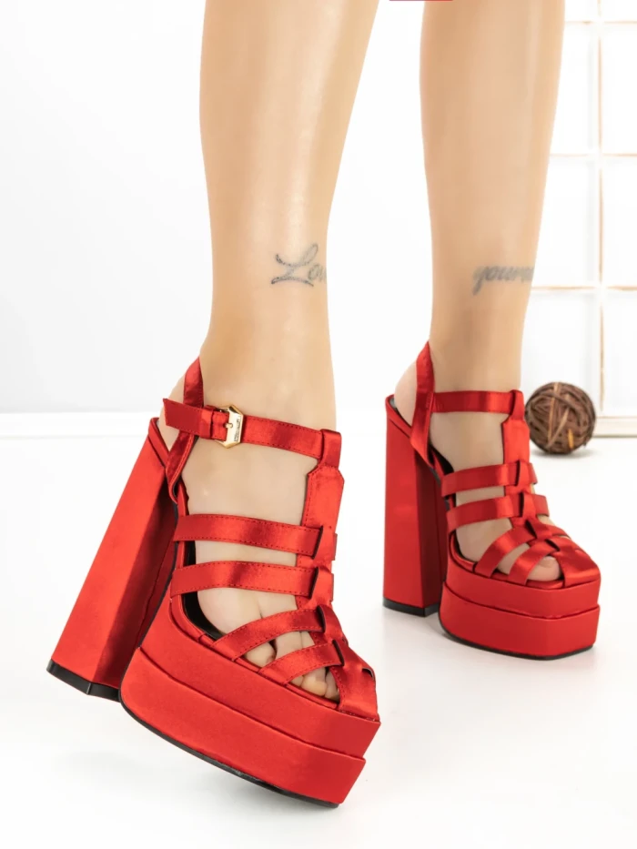 Sandale Dama cu Toc Gros si Platforma P-1287 RED | STEPHAN