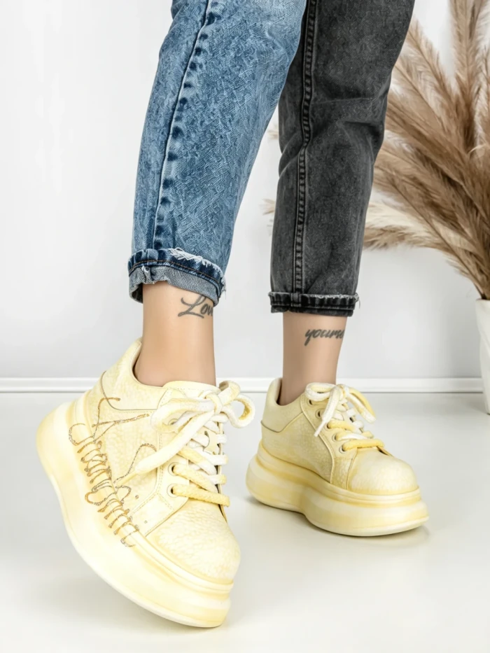 Pantofi Sport Dama din piele naturala 719-2 YELLOW | PANTOFUL