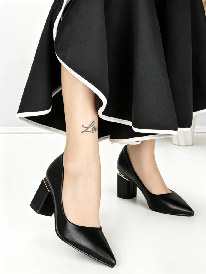 Pantofi cu Toc Gros J-221 BLACK | CHERIE
