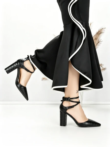 Pantofi cu Toc Gros 7063 BLACK | BEUE SHOES