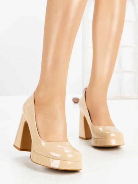 Pantofi cu Toc Gros si Platforma 8243 BEIGE | CM