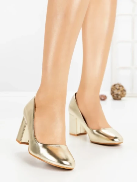 Pantofi cu Toc Gros 8136 GOLD | CM