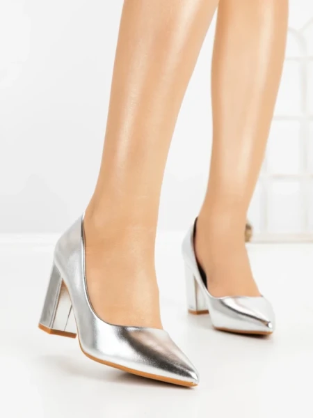 Pantofi cu Toc Gros 8128 SILVER | CM