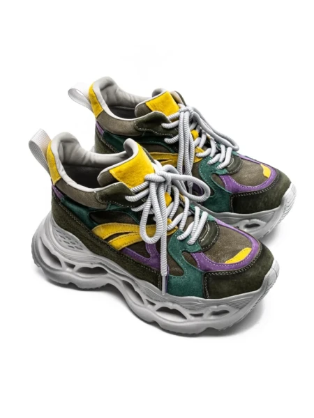 Pantofi Sport Dama din piele naturala HY6398 DARK GREEN-YELLOW | ADVANCER