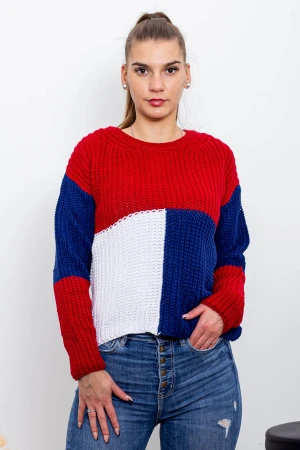 Pulover Dama 433 Rosu-Alb-Albastru Fashion